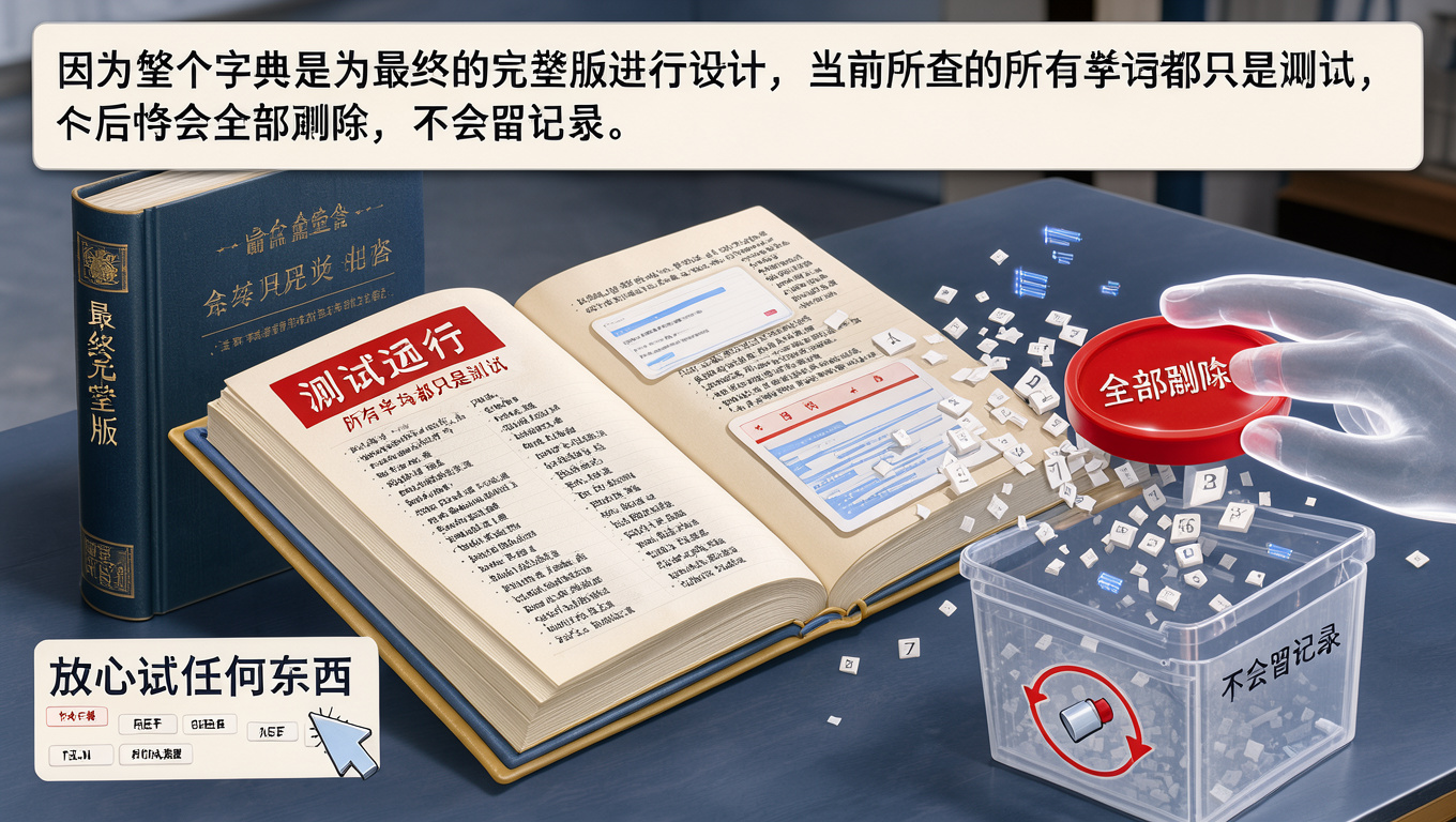 Visual impression of 因为整个字典是为最终的完整版进行设计，当前所查的所有单词都只是测试，今后将会全部删除，不会留记录，